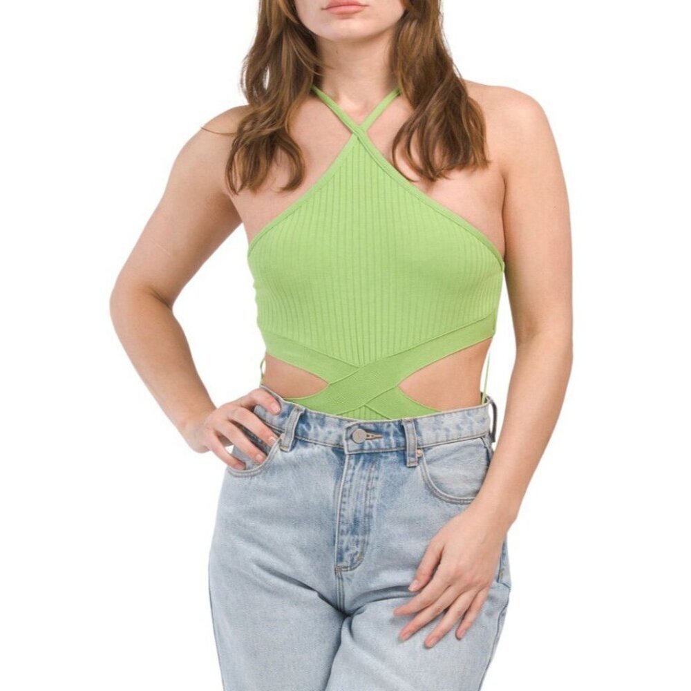 Zara Lime Green Ribbed Crisscross Bodysuit - Picture 3 of 16